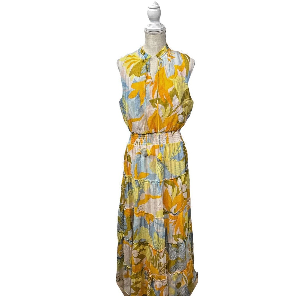 MSK Women Floral Maxi Dress L Sleeveless Tiered Boho Long Summer Tie V Neck